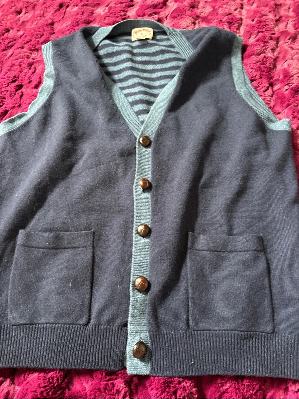 Brooks Brothers Men's large Navy Knit Button-Up Vest with Slate Trim